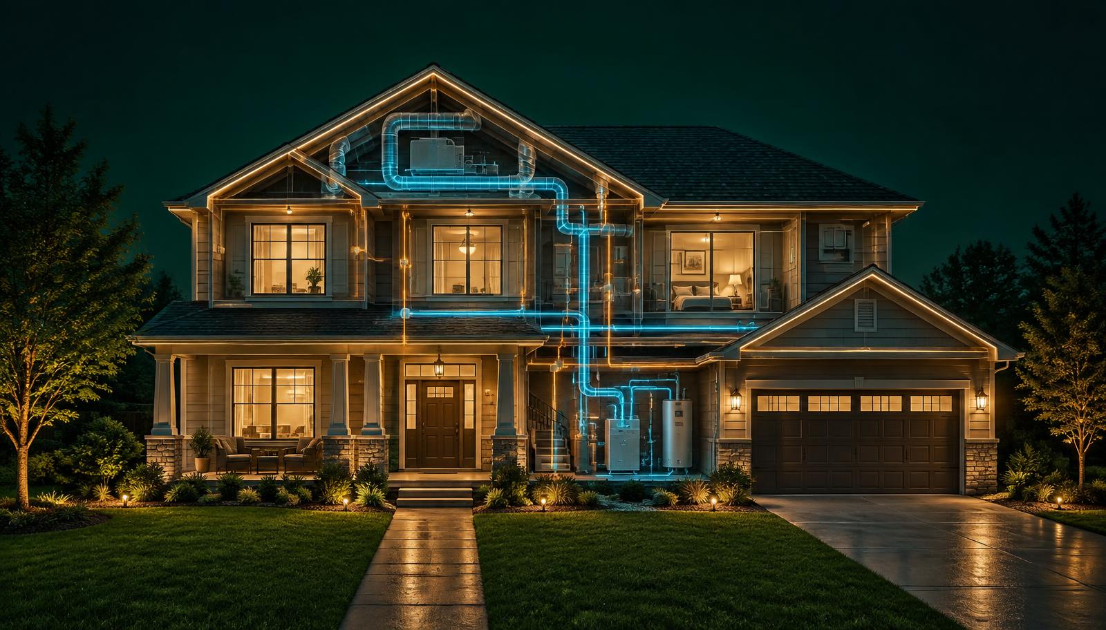 Full view of a premium two-story home at night